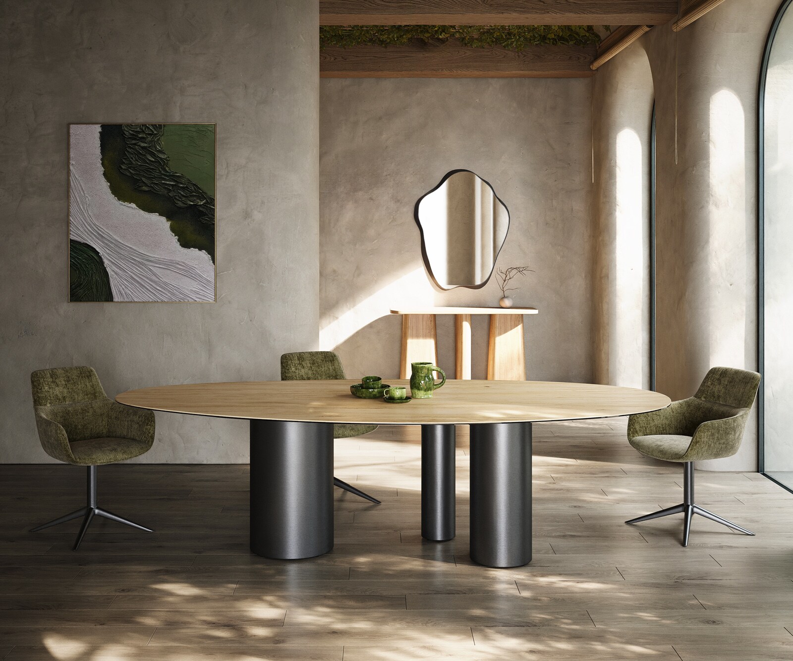 Eetkamertafel Edge ovaal 280x130 keramiek Laminam® Sabbia eiken kleur Troa roestvrij staal grafiet 2