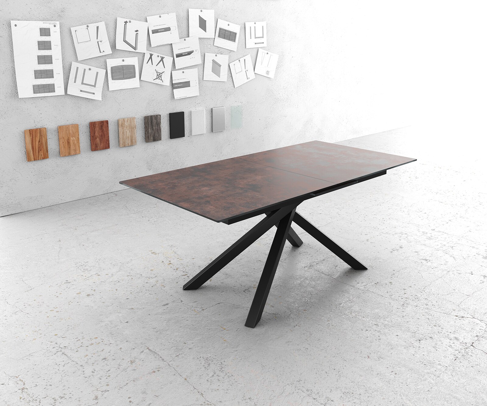 Eettafel Edge 180-220x90cm verre antiek-bruin middenpoot kruis zwart 2