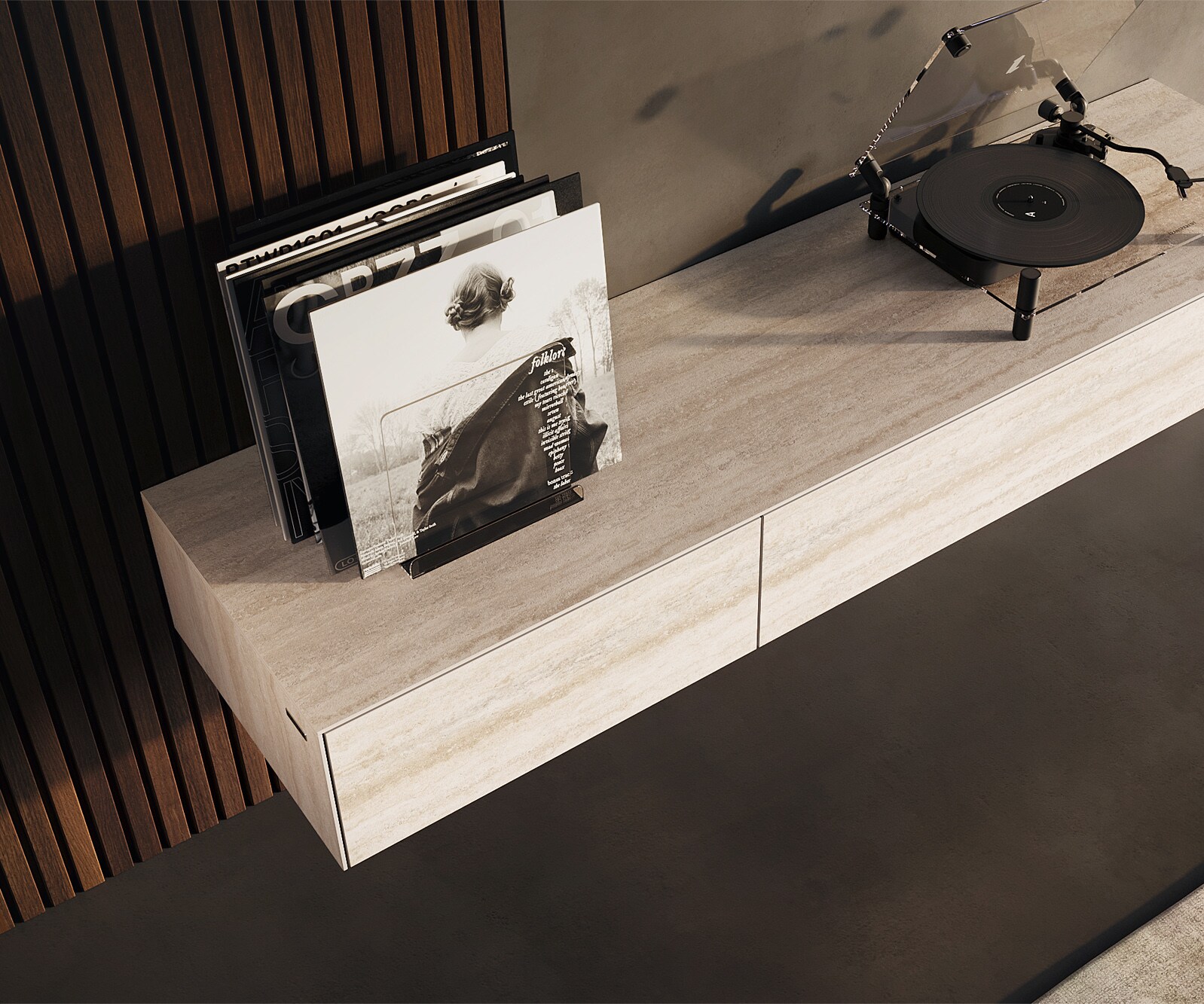 Tv-meubel Cuor 150 cm Keramiek Laminam® Travertino Bianco Crème-wit 1 Flap 1 Lade Zwevend 4