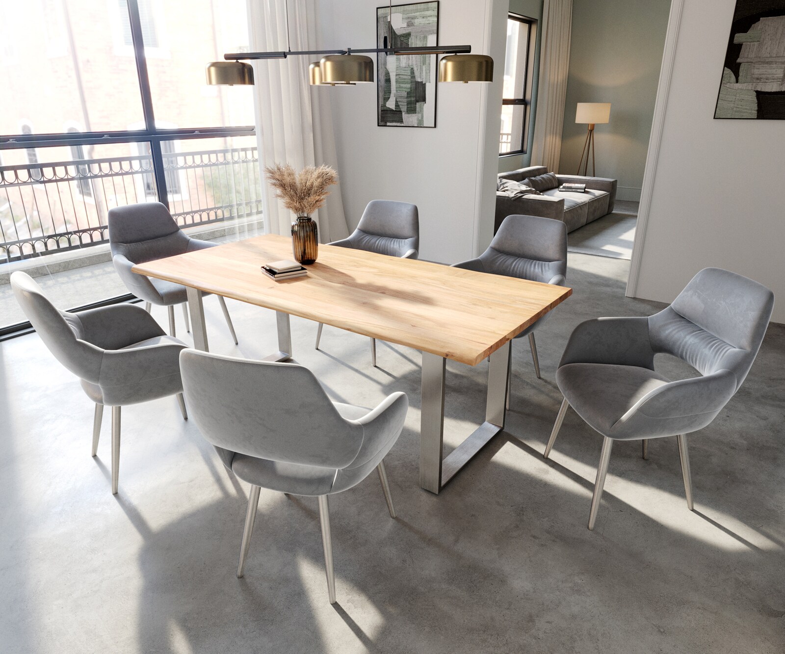 Eetkamerstoel Yago-Flex met armleuning fluweel grijs 4-poot conisch roestvrij staal pocketveer kern 3 Eetkamerstoel Yago-Flex met armleuning fluweel grijs 4-poot conisch roestvrij staal pocketveer kern 3