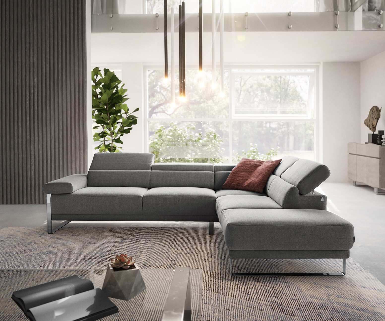 Hoekbank Floyd 300x230 zilvergrijs ottoman rechts  hoofdeinde verstelbaar by W. Schillig 1