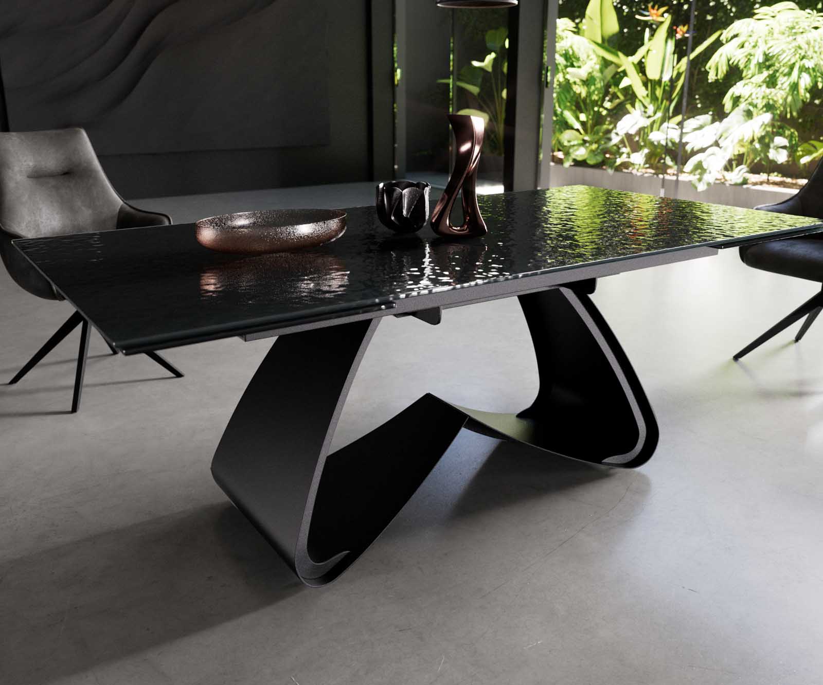 Eetkamertafel Edge 200-300x100 Glas smelten rokerig zwart 3D-Relief W-frame zwart uitschuifbaar 5
