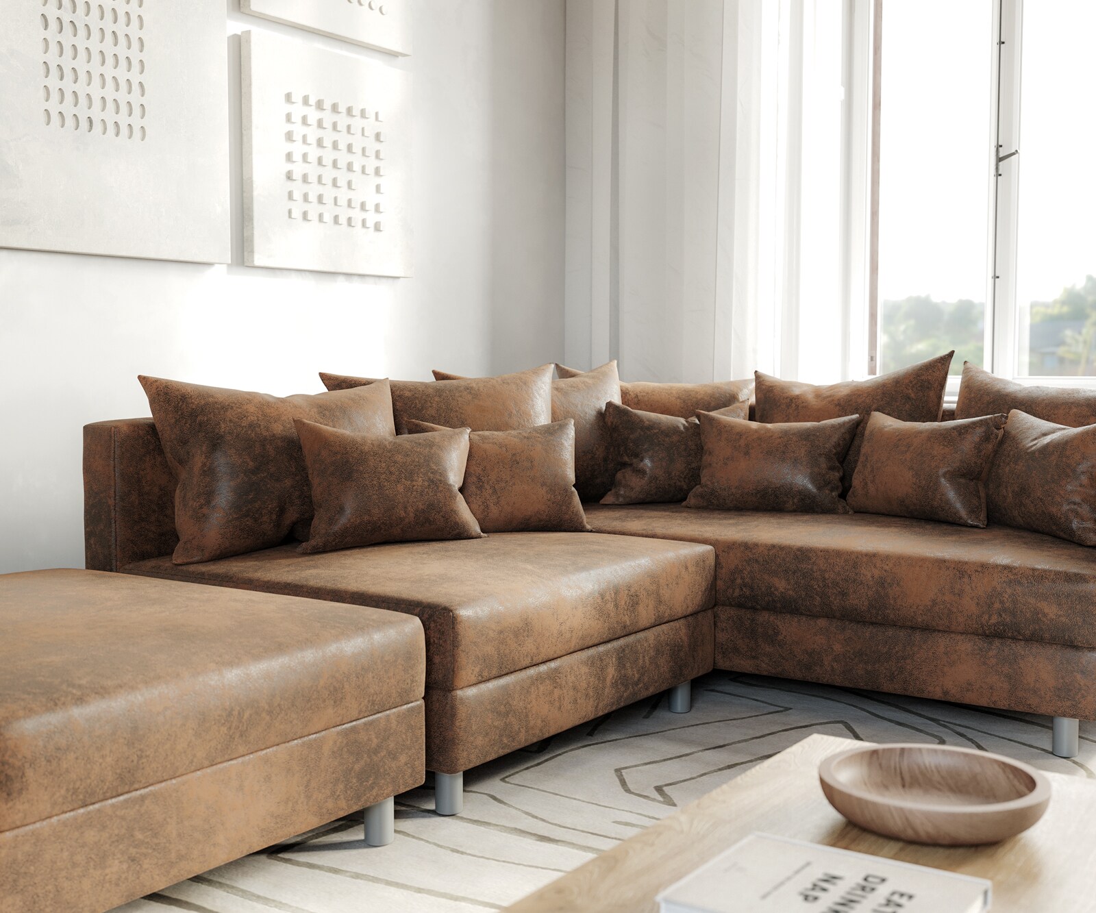 Hoekbank Clovis bruin antiek look met hocker ottomane rechts 5
