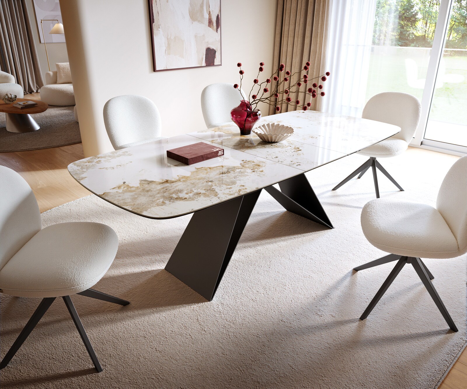Eettafel Edge Boot 180-220x100 cm Keramiek Minas Melange Wit-Beige V-onderstel Flachstahl Zwart uitschuifbaar 6