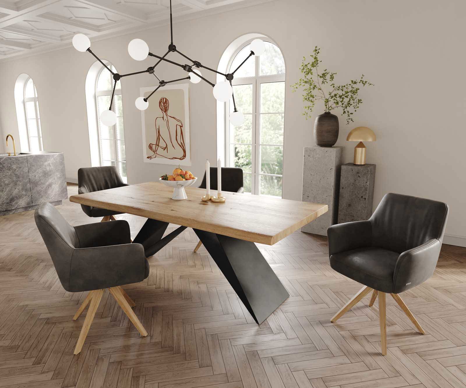 Draaistoel Xana-Flex met armleuning microvelours antraciet vintage houten frame hoekig natuur 180° draaibaar pocketveer kern 4