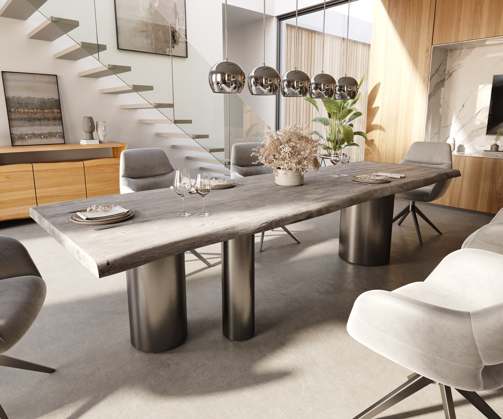 Eetkamertafel Edge 300x100 XL acacia platina Troa roestvrij staal grafiet Live-Edge 1