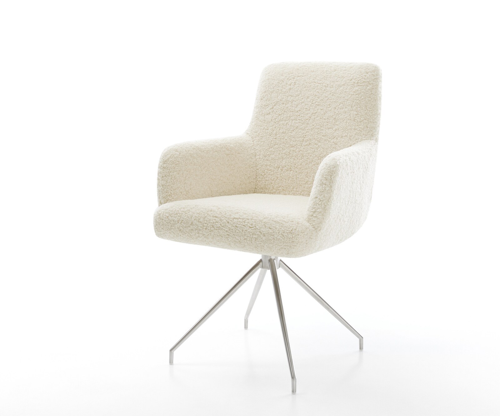 Eetkamerstoel Heira-Flex met armleuning teddy beige kruisframe conisch roestvrij staal pocketveer kern