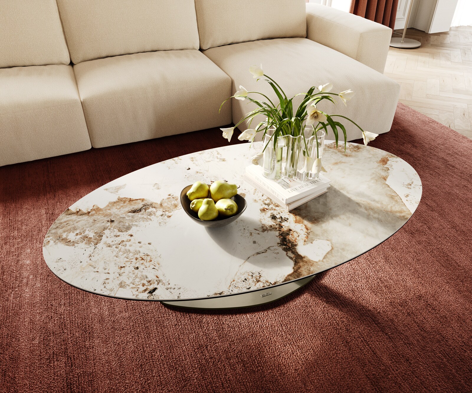 Salontafel Edge Oval 140x80 cm keramiek Minas Melange Vibany Metall effectafwerking titaan 3