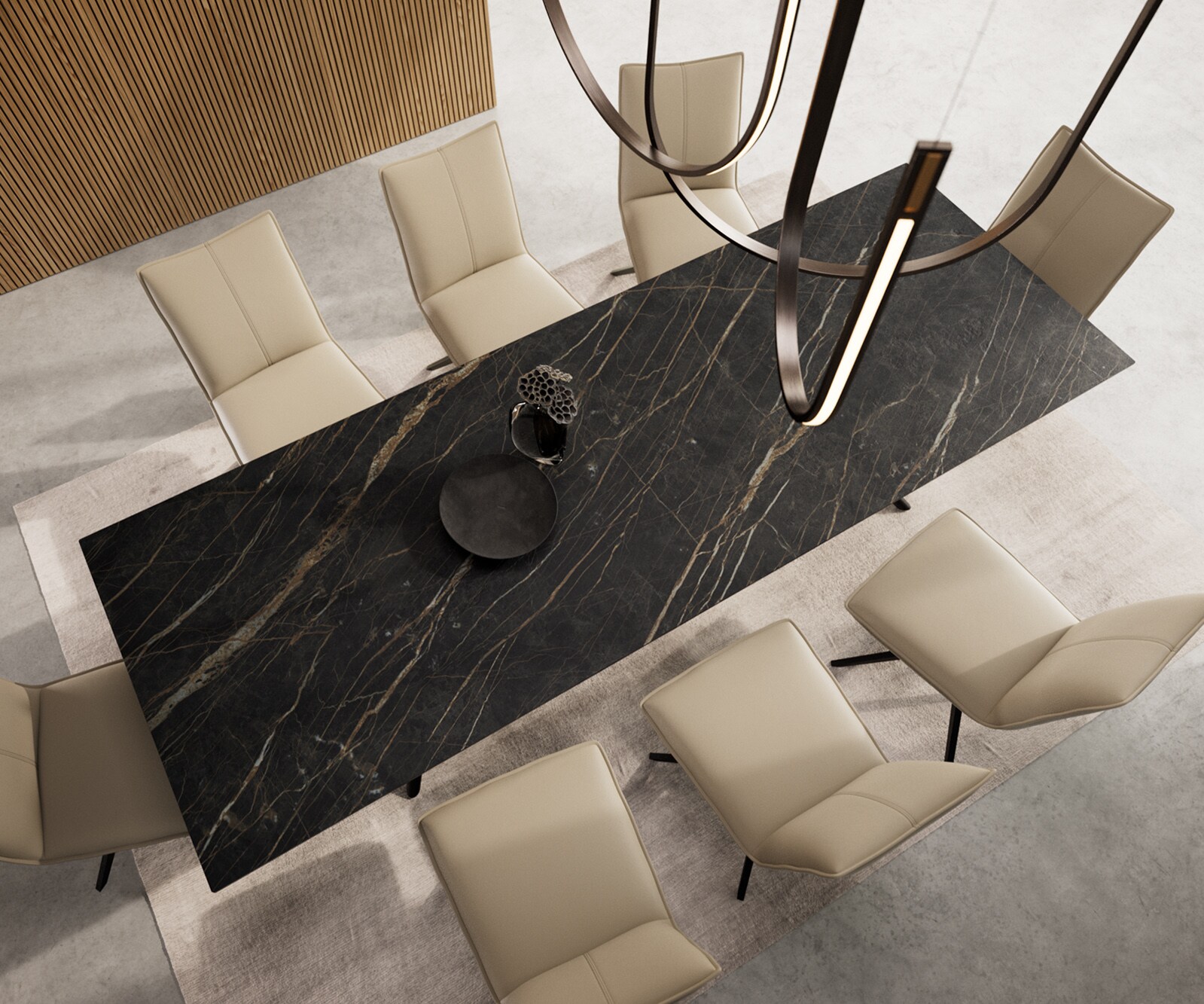 Eetkamertafel Edge 300x100 keramiek Laminam®Noir Desir bruin Estelar rond  metaal zwart 5