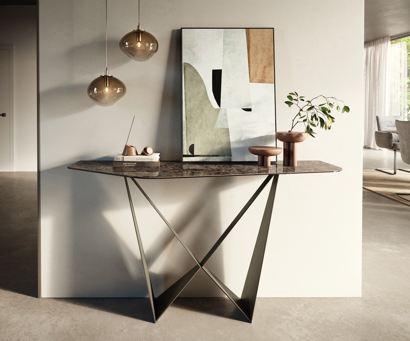Consoletafel Edge Polygonaal 140x50 cm Keramiek Emperador Extra Lucidato Dunkelbraun Spios Metaal Effektfinish Titan