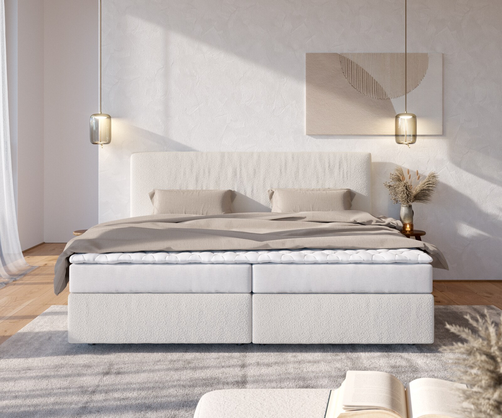 Boxspringbed Dream-Well Bouclé Crème-Wit 200x200 cm met Bonell-matras en PU-topper 1