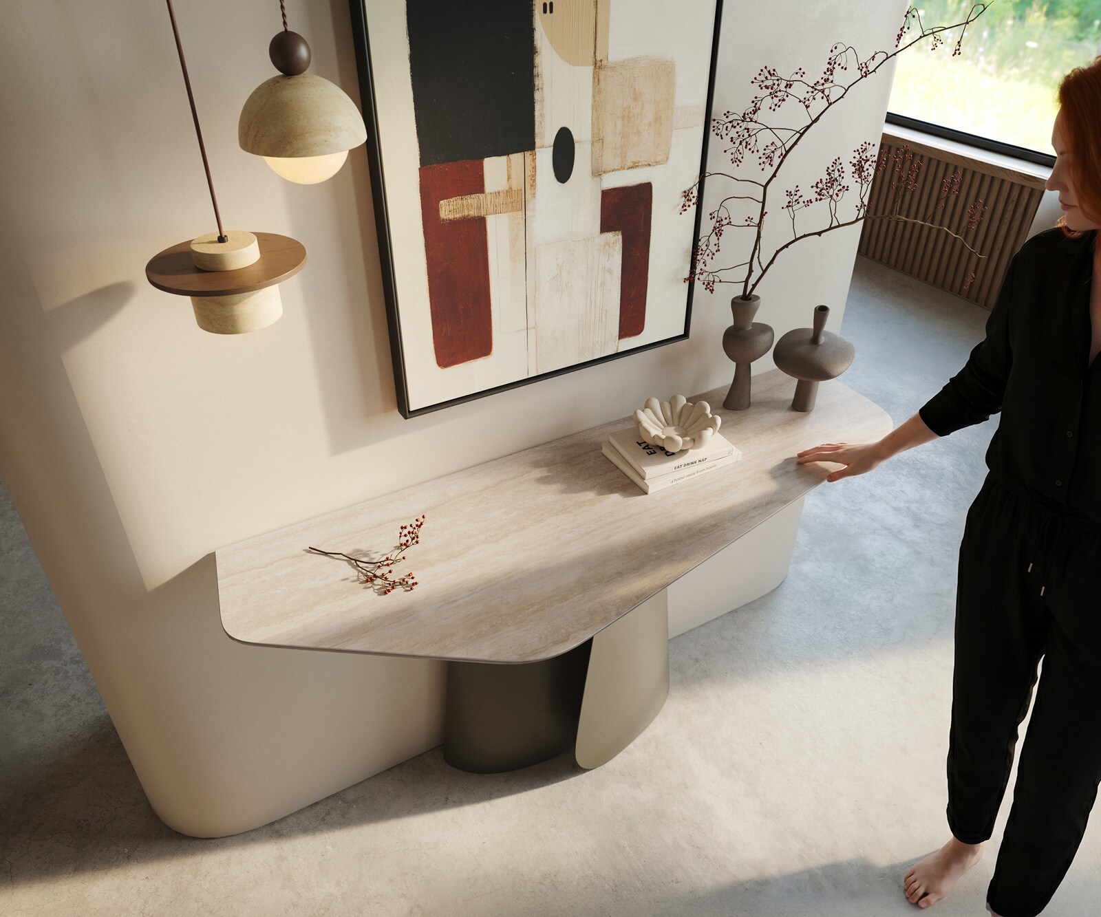 Consoletafel Edge Polygonaal 140x50 cm Keramiek Laminam® Travertino Bianco Creme-Weiß Livos Metaal Effektfinish Titan 2