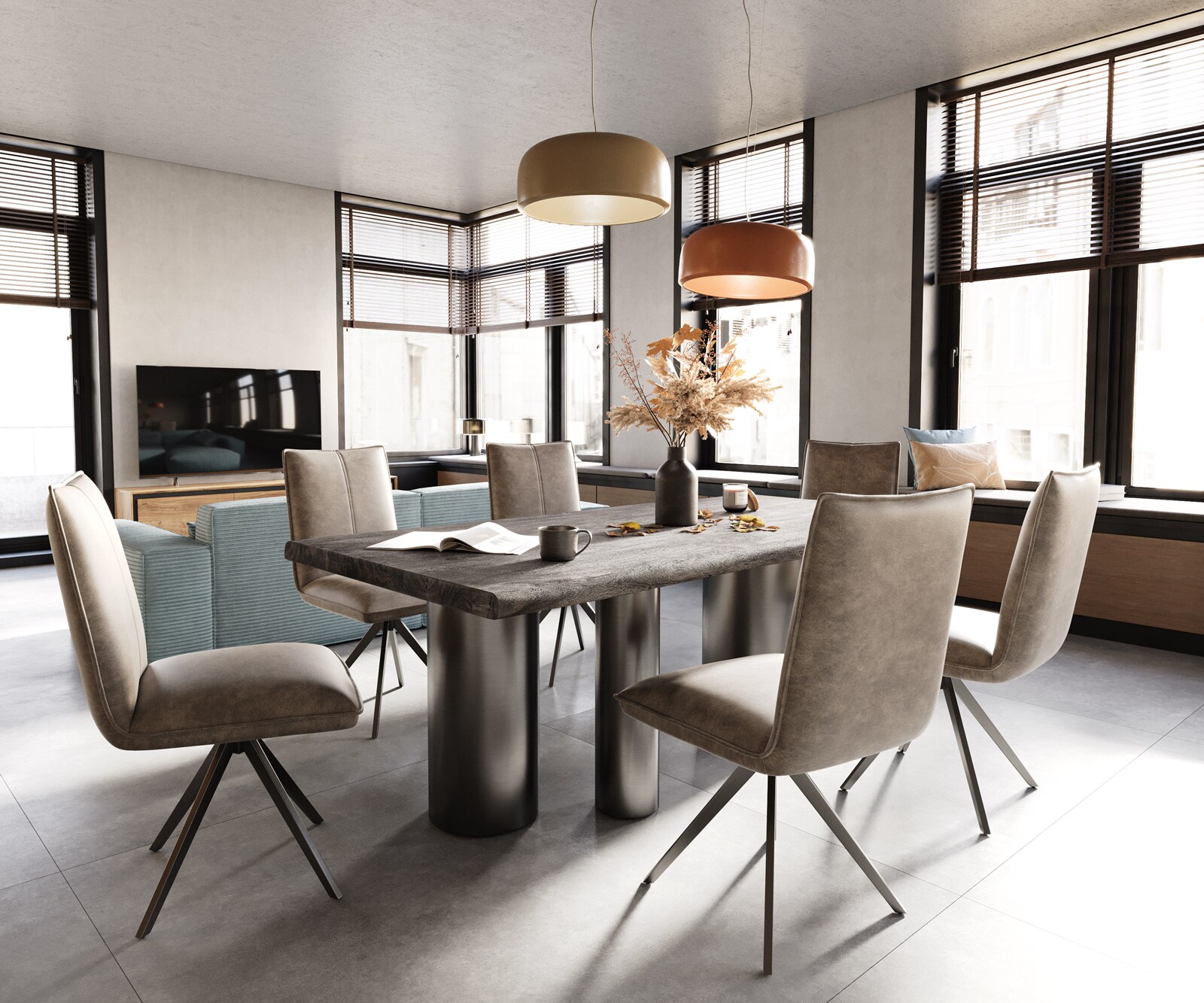 Eetkamertafel Edge 200x100 XL acacia platina Troa roestvrij staal grafiet Live-Edge 7