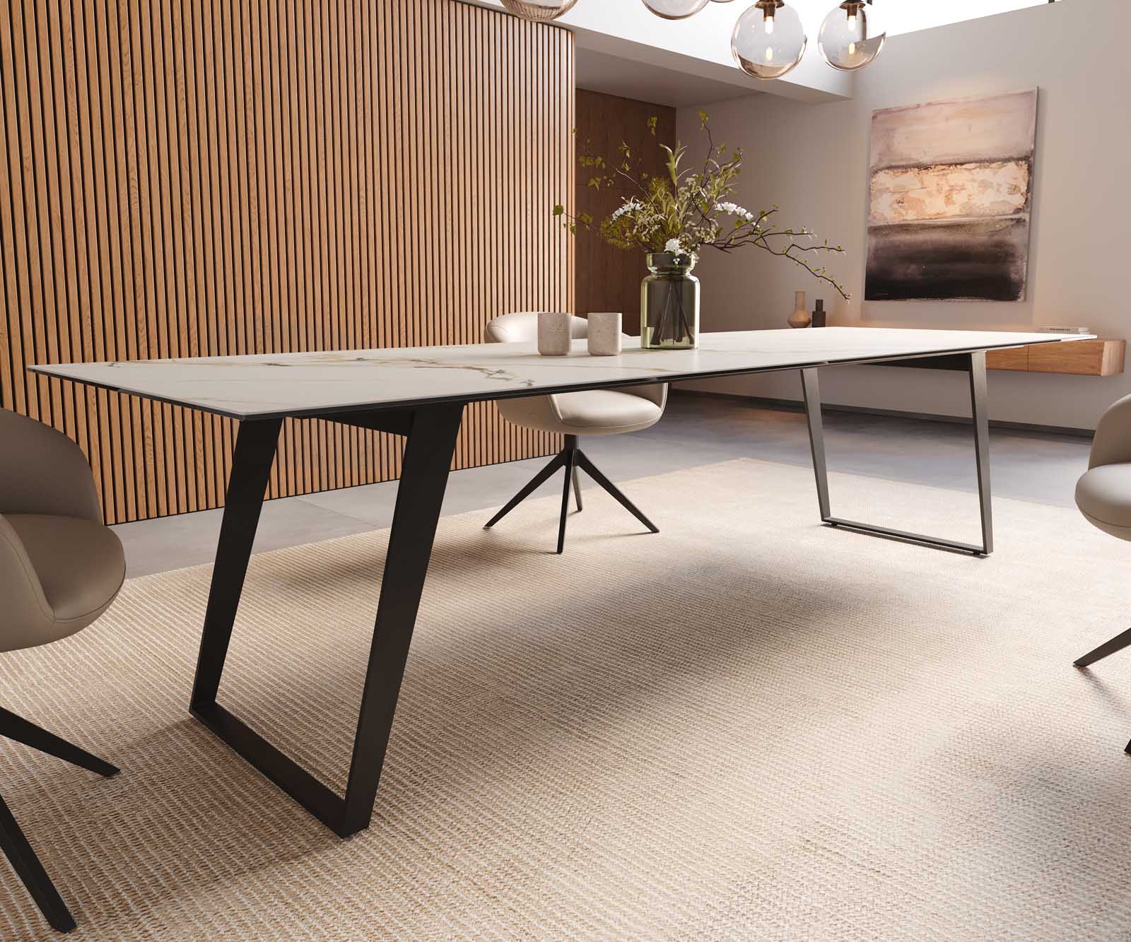 Eetkamertafel Edge 300x100 keramiek Calacatta Luxe wit-goud-grijs metaal schuin zwart 6