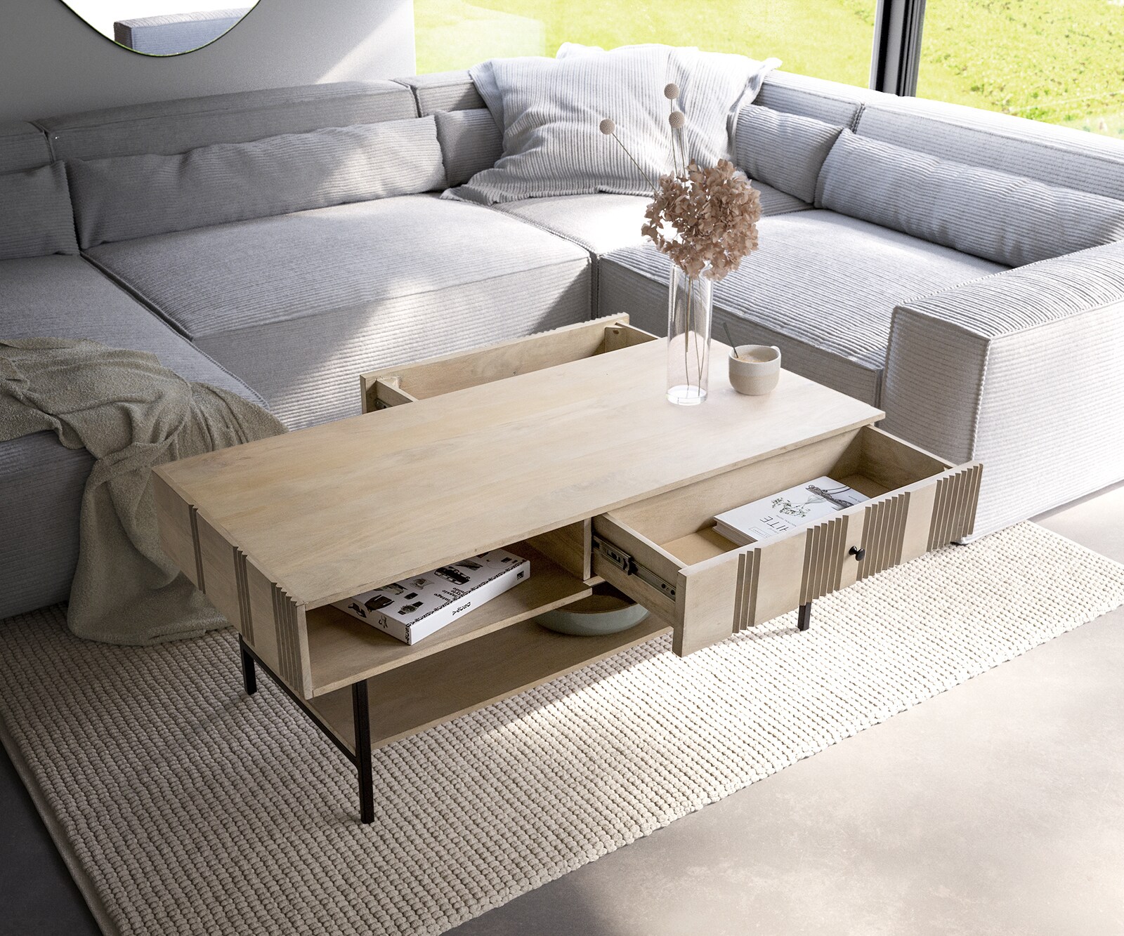 Salontafel Nereos 130x60 cm Mango White Wash metaal zwart 3 Salontafel Nereos 130x60 cm Mango White Wash metaal zwart 3