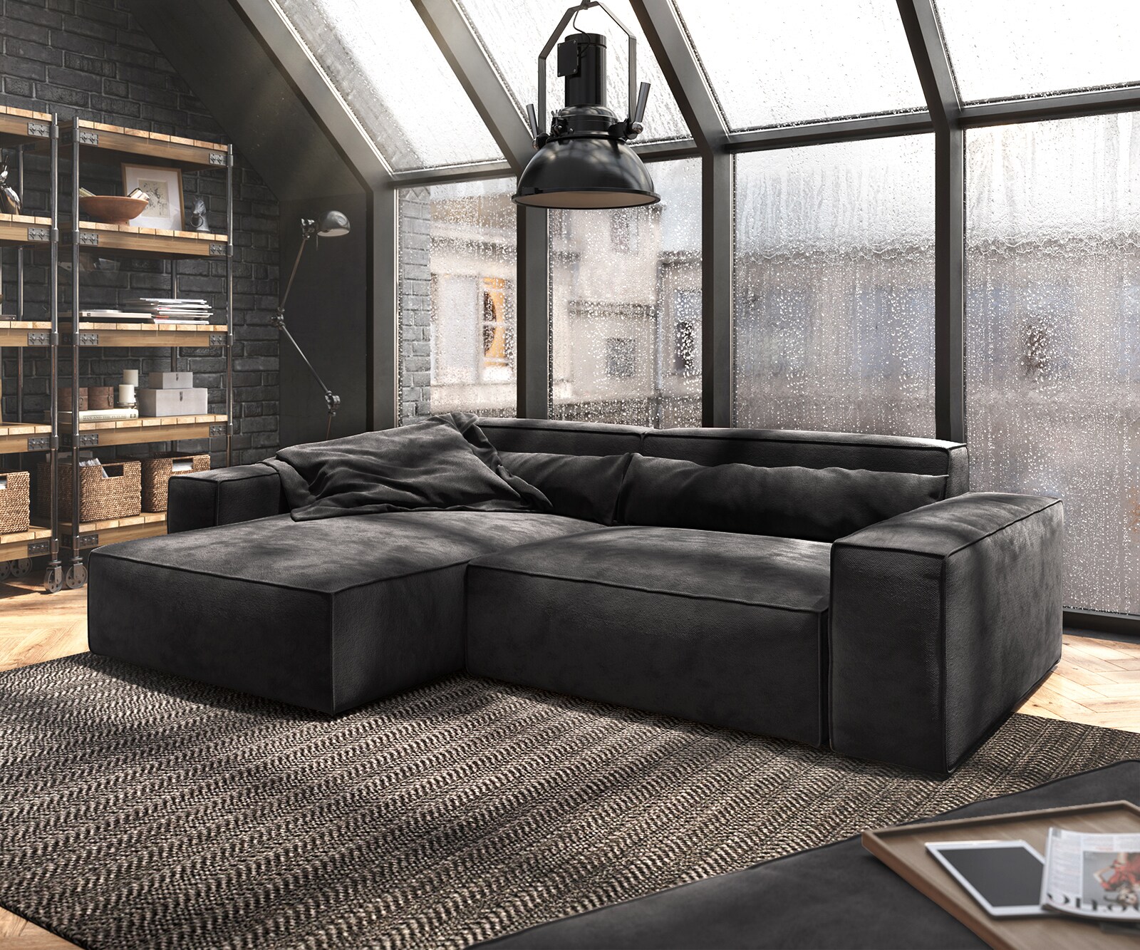 Hoekbank Sirpio XL 270x170 cm microvezel zwart recamiere variabele met kruk
