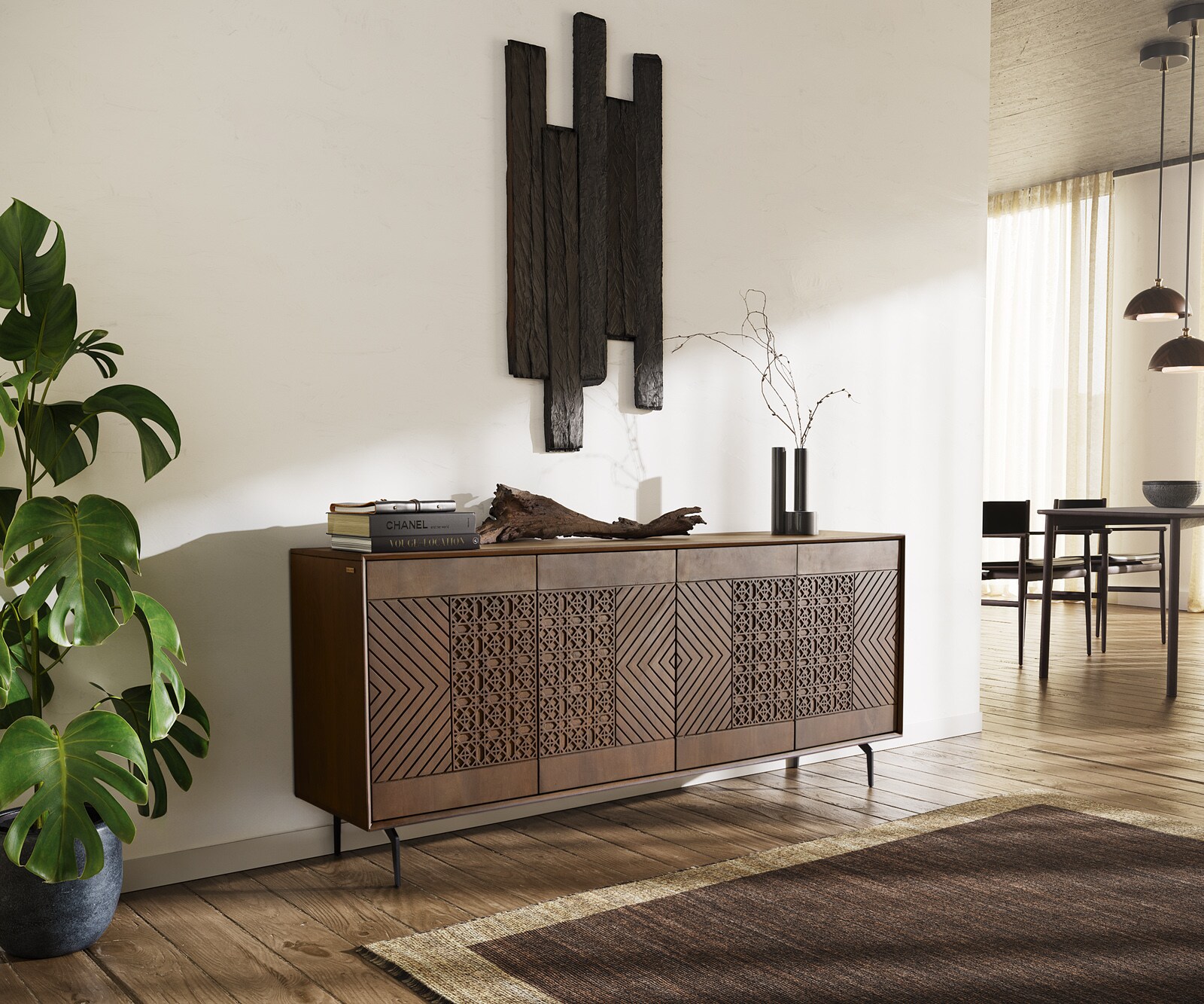 Dressoir Manjula 170 cm mangohout bruin 4 deuren hoekpoot metaal zwart