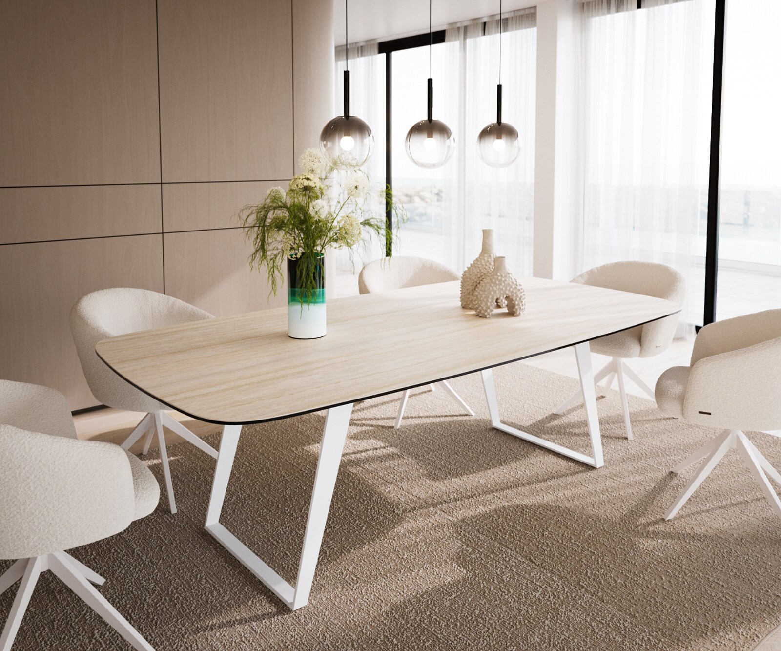 Eetkamertafel Edge Boot 240x120 cm Keramiek Travertin Natuur Metaal Schuin Wit 1