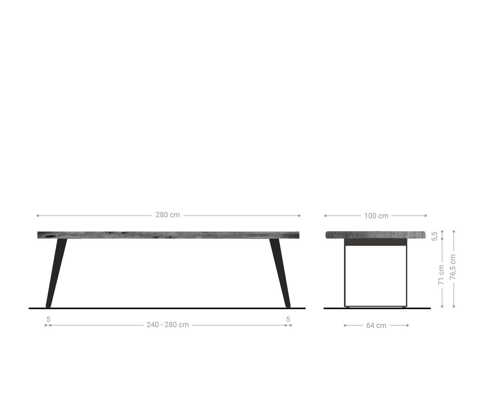 Eettafel Edge 280x100 XL acacia natuur roestvrij staal  schuin Live-Edge 7