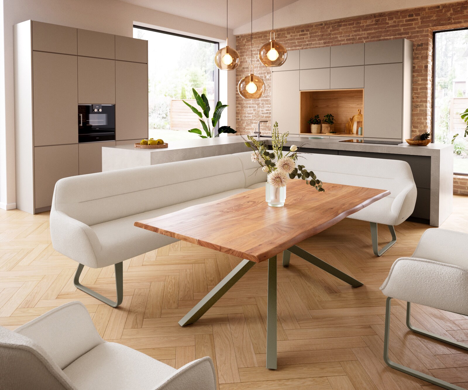 Eetkamerbank Taya-Flex 285x190 cm bouclé crème-wit platte sledebasis afwerking met titaniumeffect pocketvering links 1