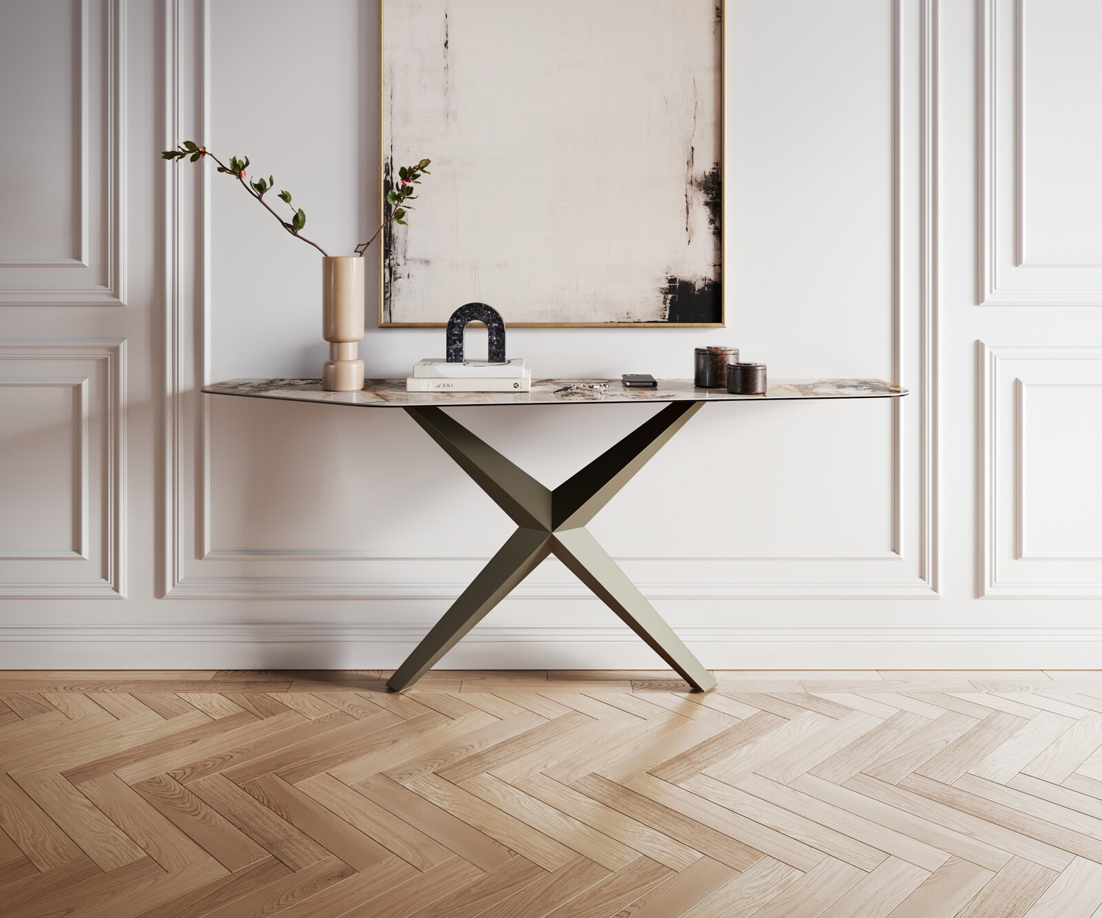 Consoletafel Edge Polygonaal 180x50 cm Keramiek Patagonia Poliert Zentharo Metaal Effektfinish Titan 4