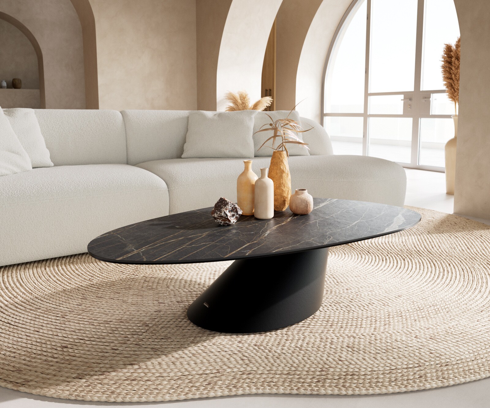 Salontafel Edge Oval 140x75 cm keramiek Laminam® Noir Desir bruin Conis zwart metaal
