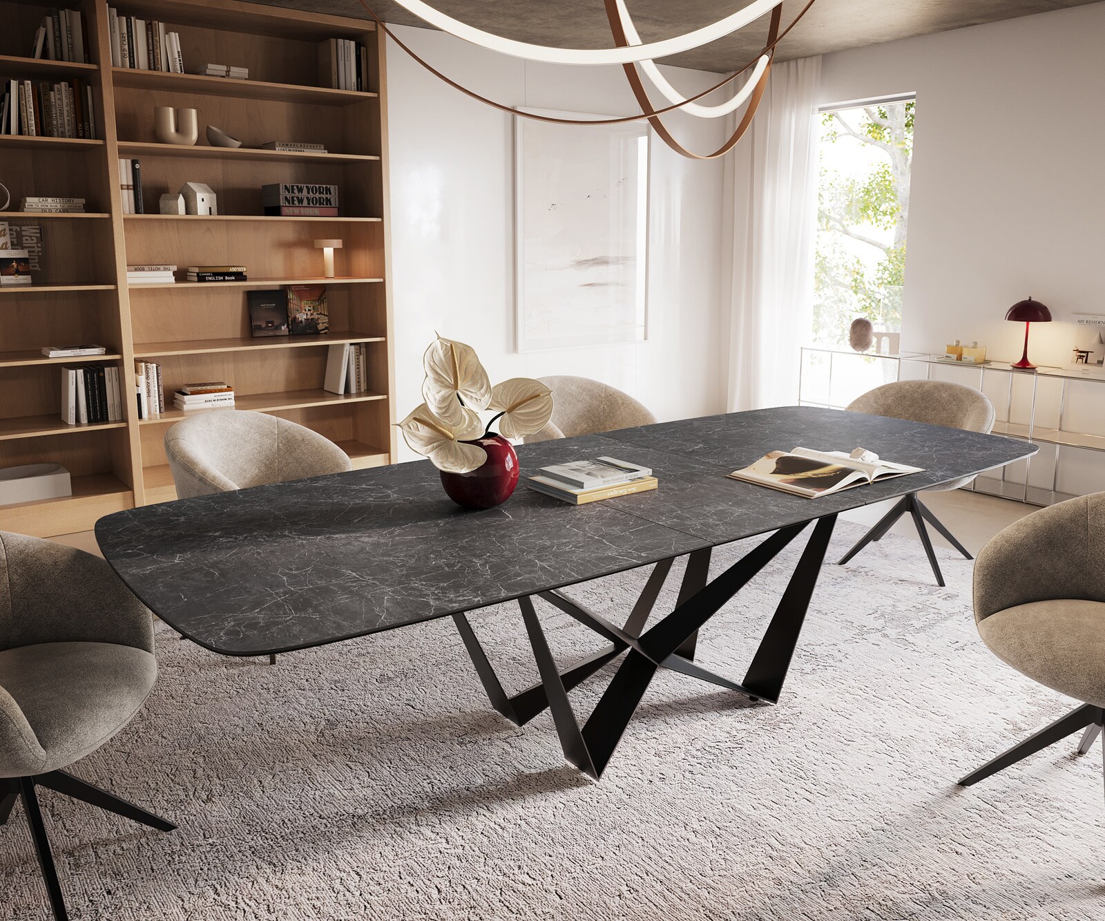 Eettafel Edge Boot 240-300x120 cm Keramiek Laminam® Nero Greco Anthrazit Spider Flachstahl Zwart uitschuifbaar 1