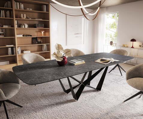 Eettafel Edge Boot 240-300x120 cm Keramiek Laminam® Nero Greco Anthrazit Spider Flachstahl Zwart uitschuifbaar