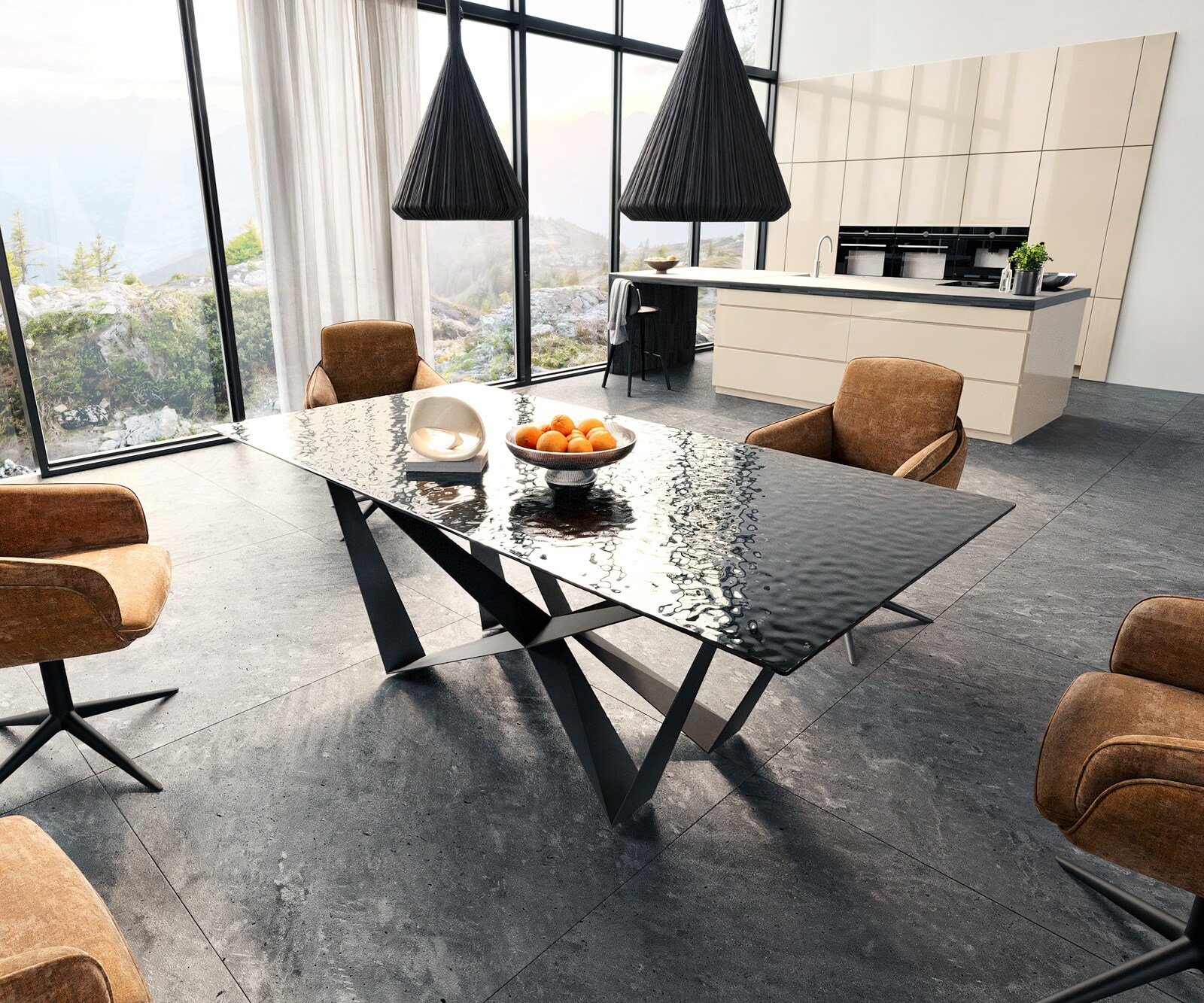 Eetkamertafel Edge 200x100 Glas smelten rokerig zwart 3D-Relief spider vlak staal zwart