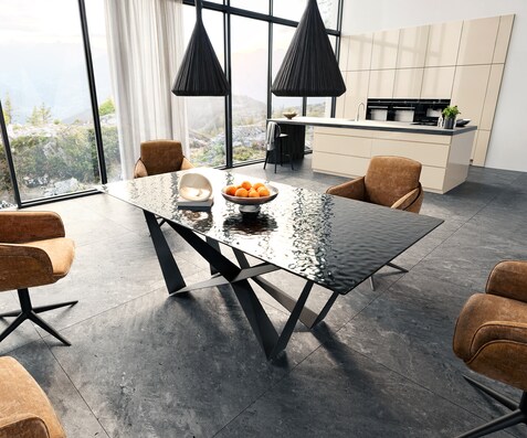 Eetkamertafel Edge 200x100 Glas smelten rokerig zwart 3D-Relief spider vlak staal zwart