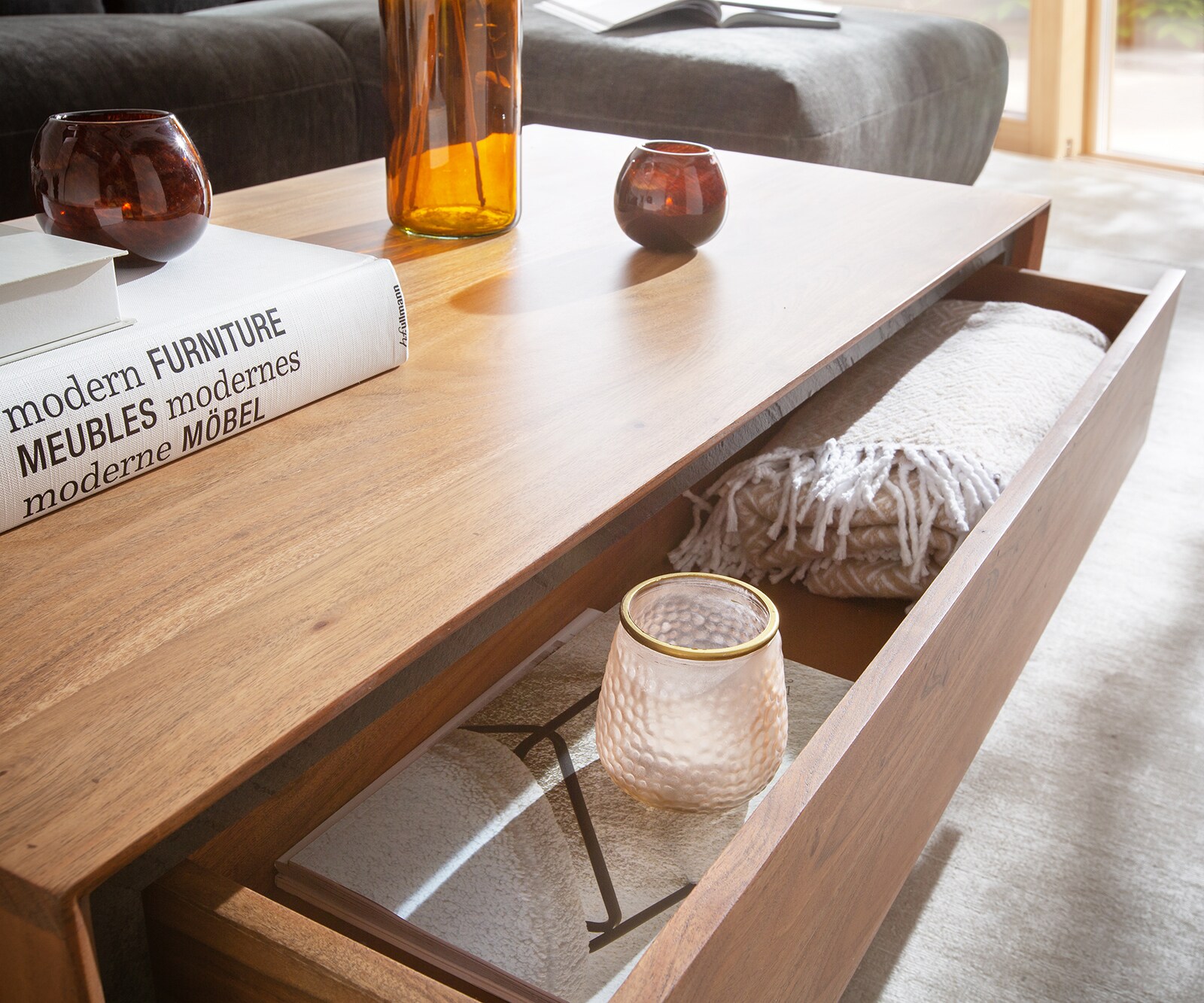 Salontafel Stonegrace 115x60 acacia natuur 2 laden steen fineer V-poot 3