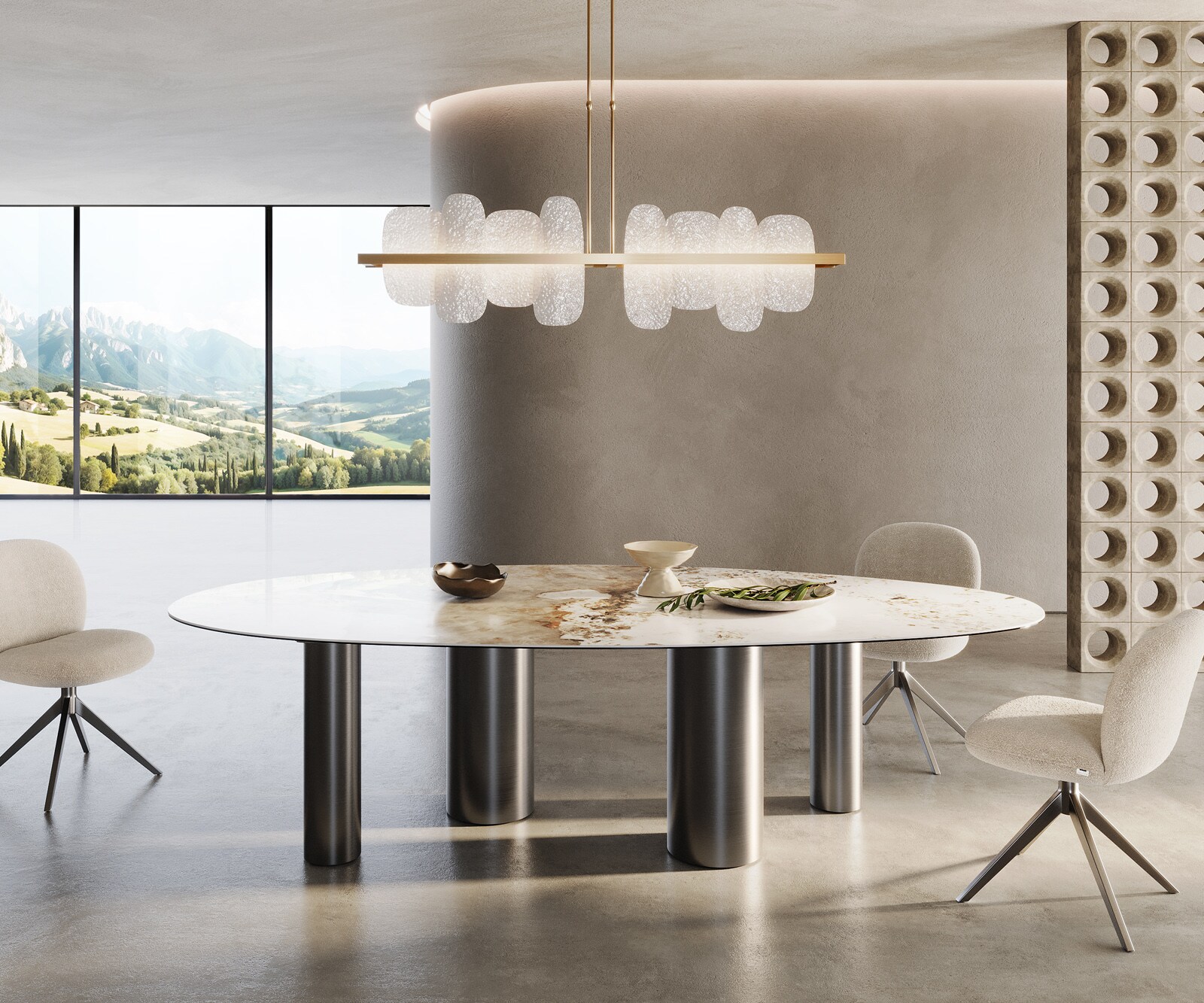 Eetkamertafel Edge ovaal 280x130 keramiek Minas Melange wit-Beige Pilier roestvrij staal grafiet