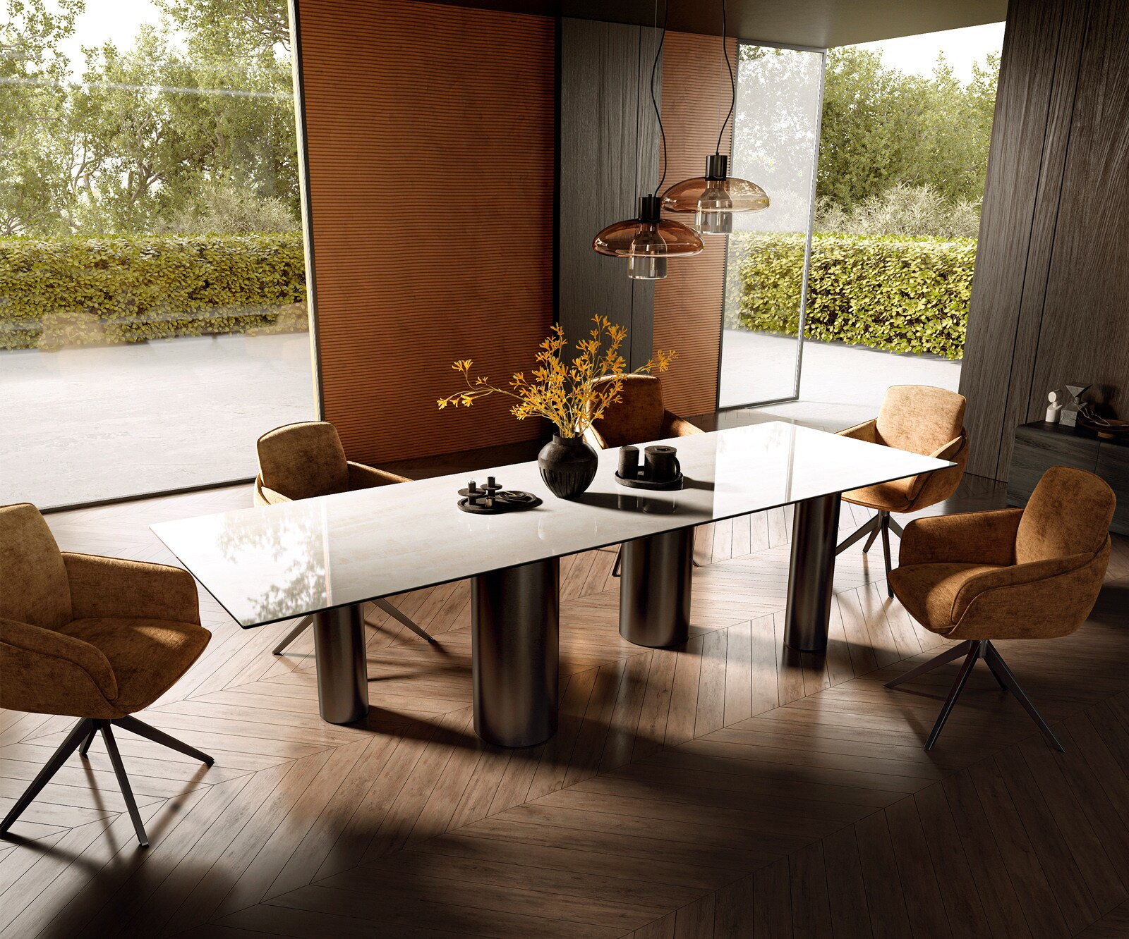 Eettafel Edge 300x100 cm keramiek Onyx Champagne Pilier roestvrij staal grafiet 7