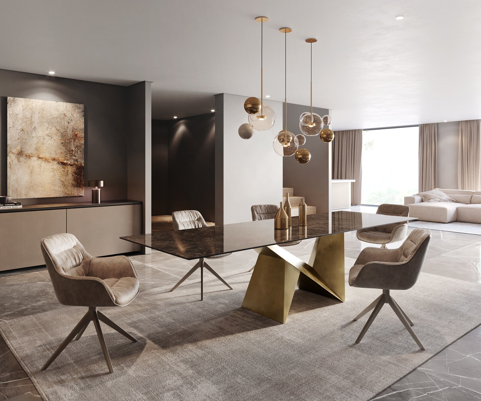 Eettafel Edge 300x100 keramiek  Laminam® Emperador Extra Lucidato donkerbruin Origami metaal goud 6