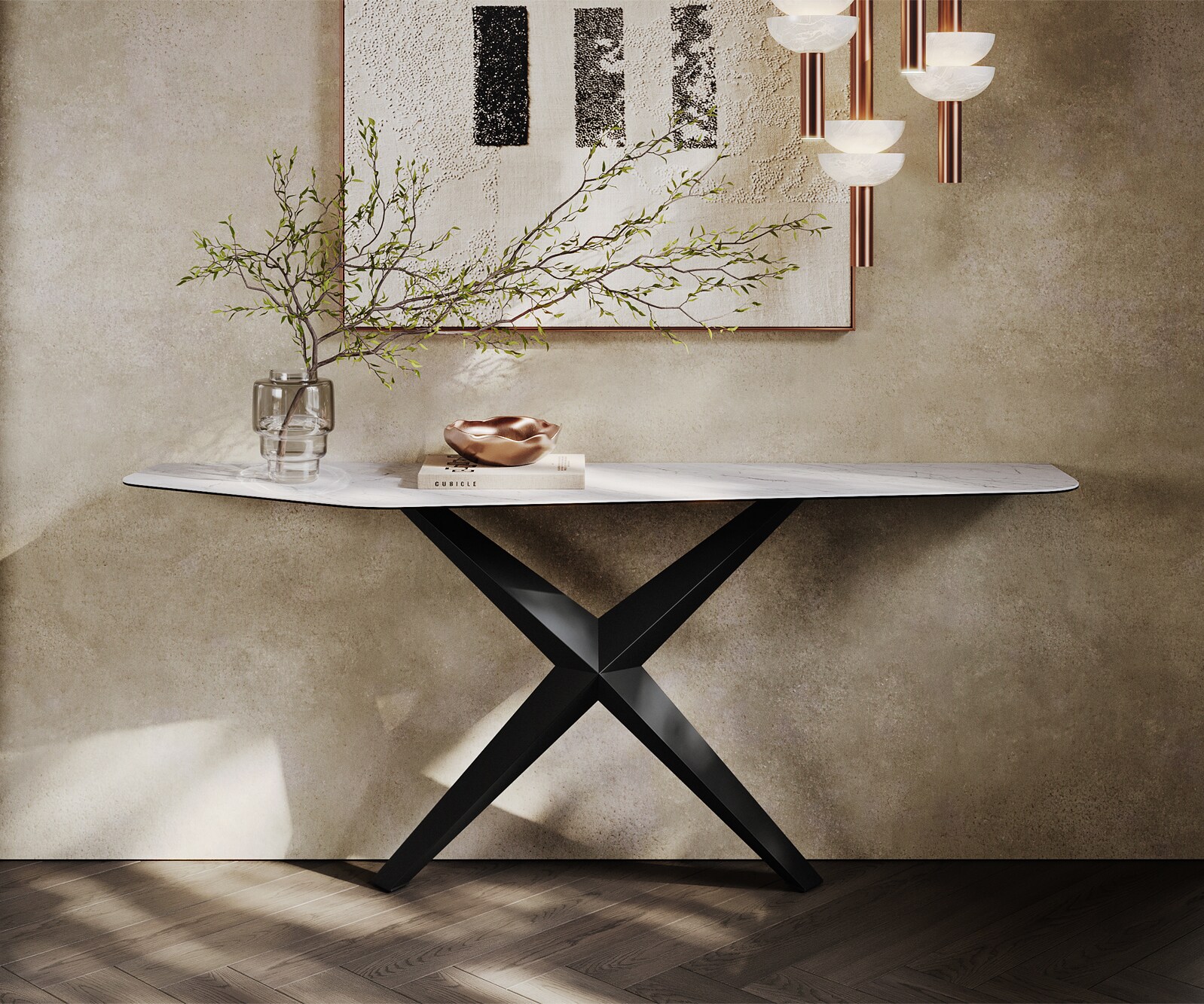 Consoletafel Edge Polygonaal 180x50 cm Keramiek Laminam® Statuarietto Weiß Zentharo Metaal Zwart 1