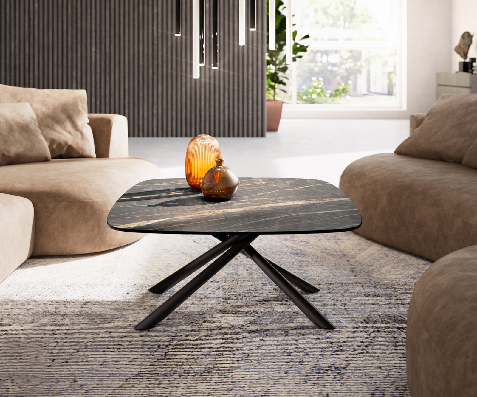 Salontafel Edge Boot 90x90 cm keramiek Laminam® Noir Desir bruin Sarity zwart metaal 2