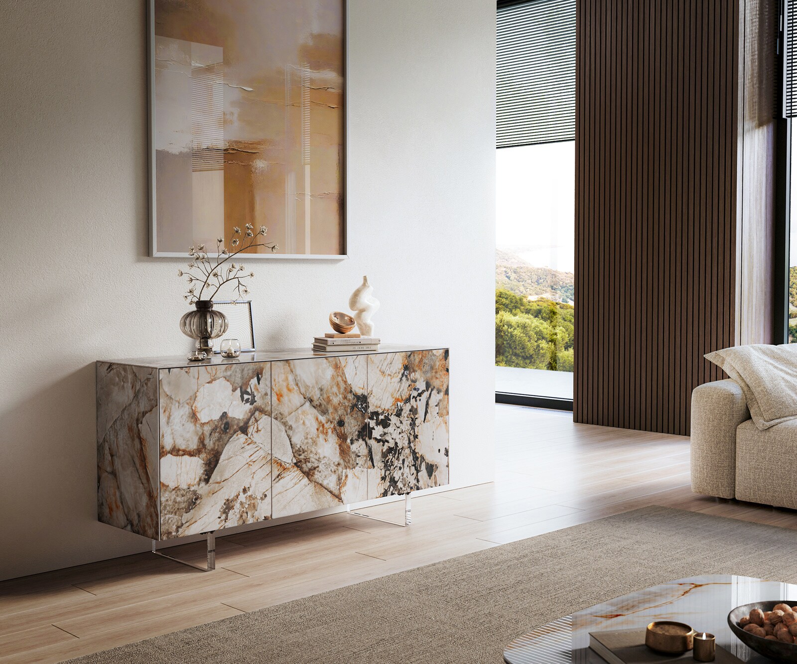 Dressoir Cuor 150 cm Keramiek Patagonia gepolijst 3 Deuren Zwevende voet look Acrylglas 1