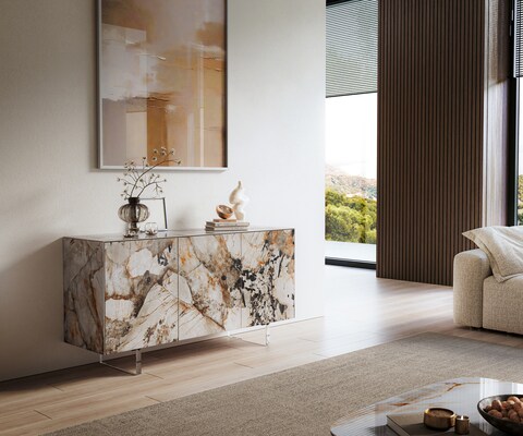 Dressoir Cuor 150 cm Keramiek Patagonia gepolijst 3 Deuren Zwevende voet look Acrylglas