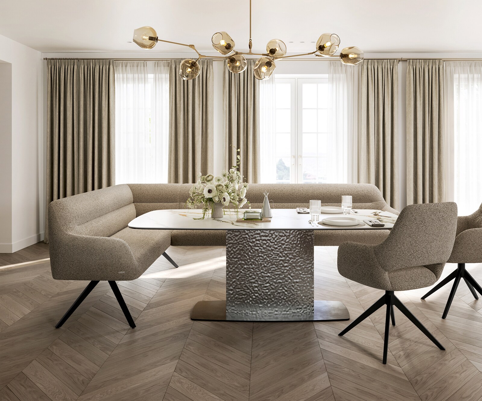 Eetkamerbank Taya-Flex 285x190 cm bouclé mud hoekig kruisframe zwart pocketvering rechts 2