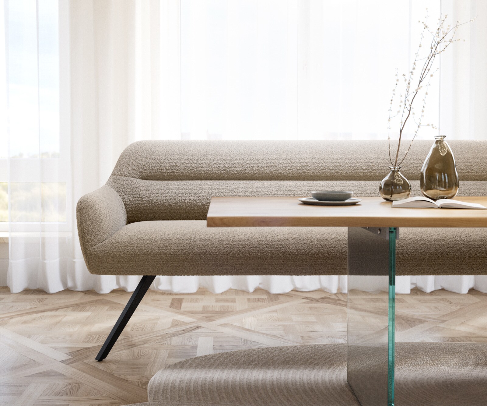 Eetkamerbank Taya-Flex 200 cm bouclé mud hoekig kruisframe zwart pocketvering 2