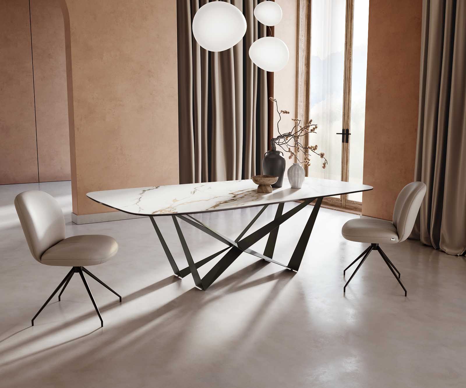 Eetkamertafel Edge Boot 240x120 keramiek Calacatta Luxe wit-goud-grijs spider vlak staal zwart 1