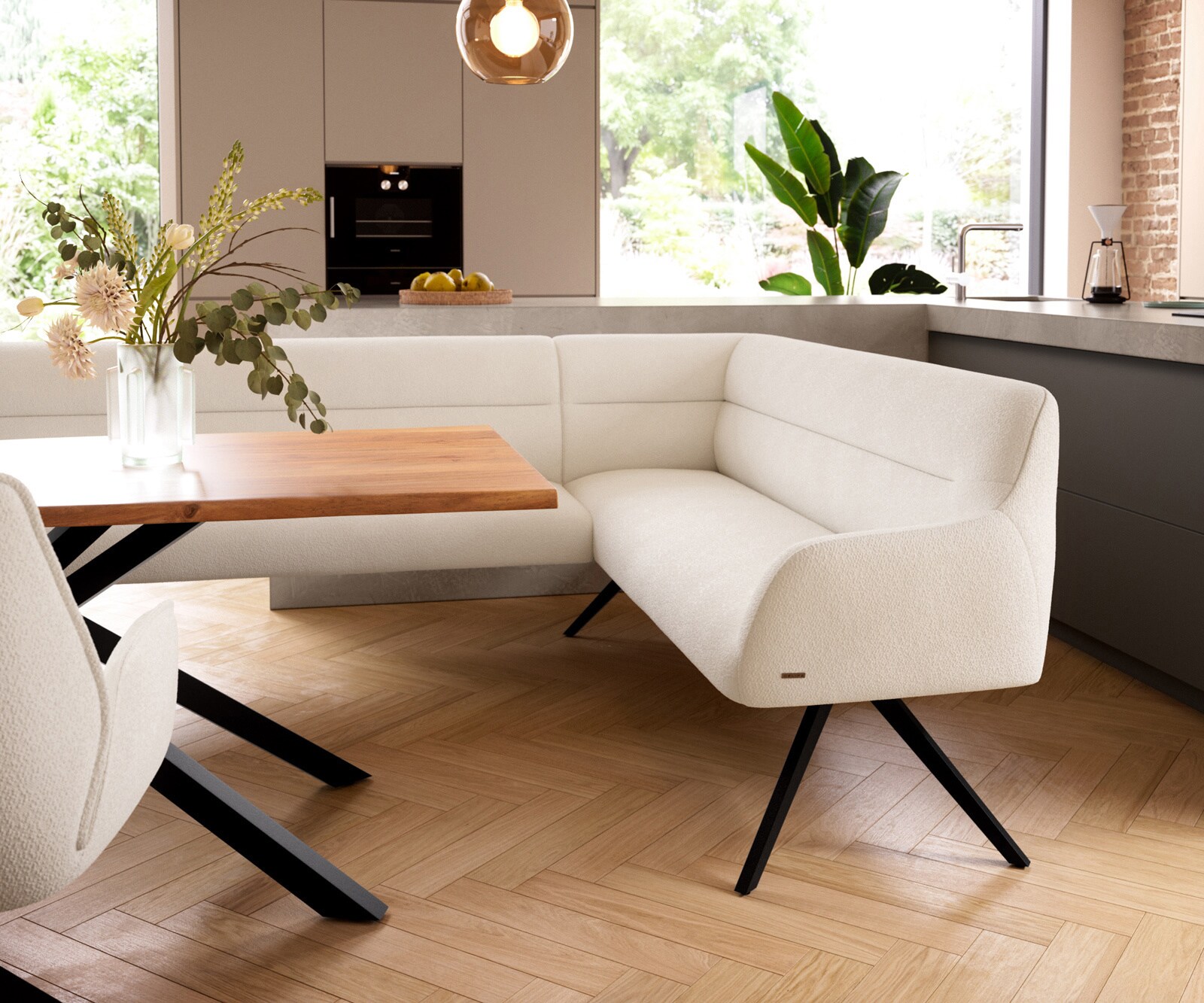 Eetkamerbank Taya-Flex 285x190 cm bouclé crème-wit hoekig kruisframe zwart pocketvering links 5