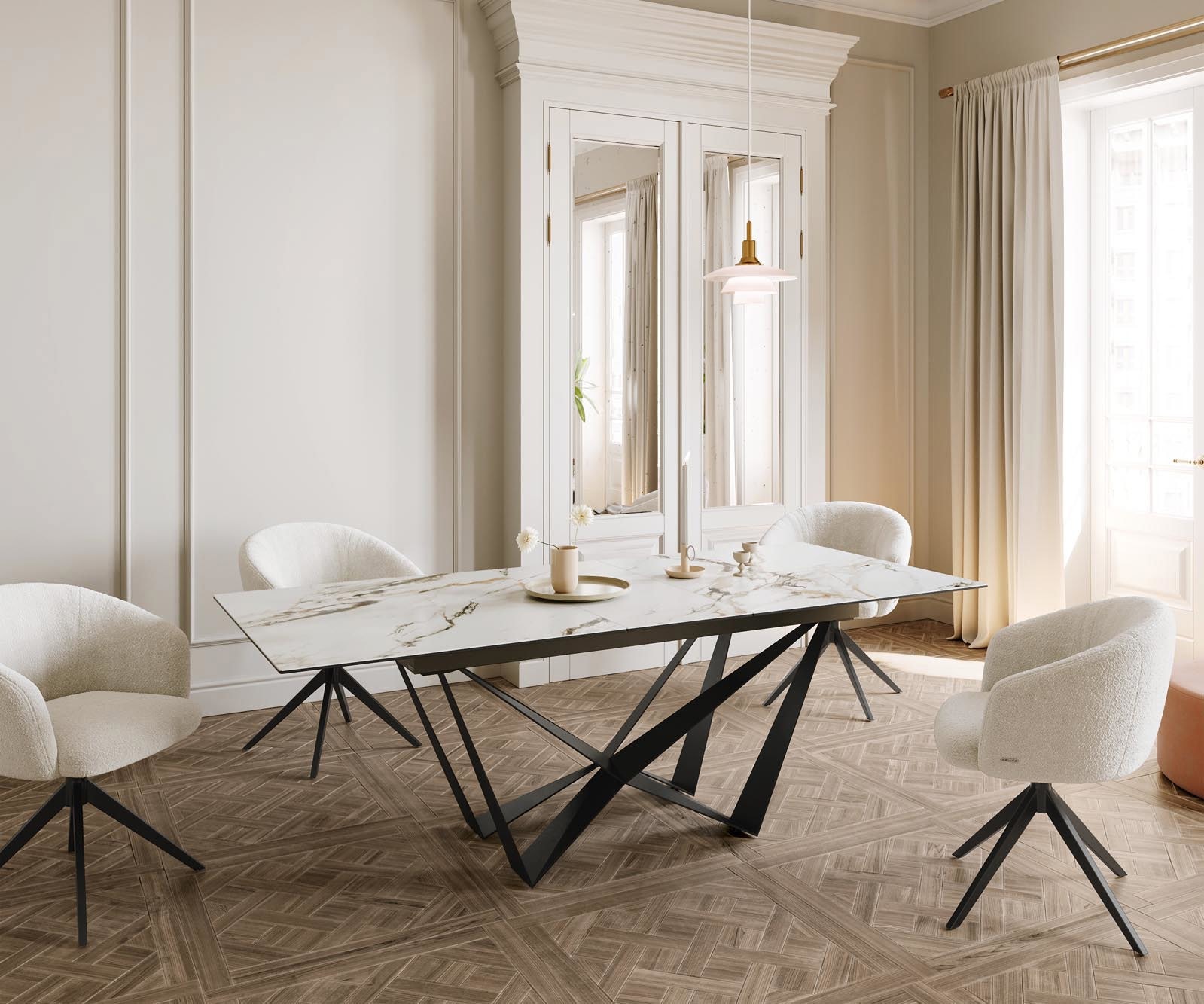 Eetkamertafel Edge 180-220x100 keramiek Calacatta Luxe wit-goud-grijs spider vlak staal zwart uitschuifbaar 6 Eetkamertafel Edge 180-220x100 keramiek Calacatta Luxe wit-goud-grijs spider vlak staal zwart uitschuifbaar 6