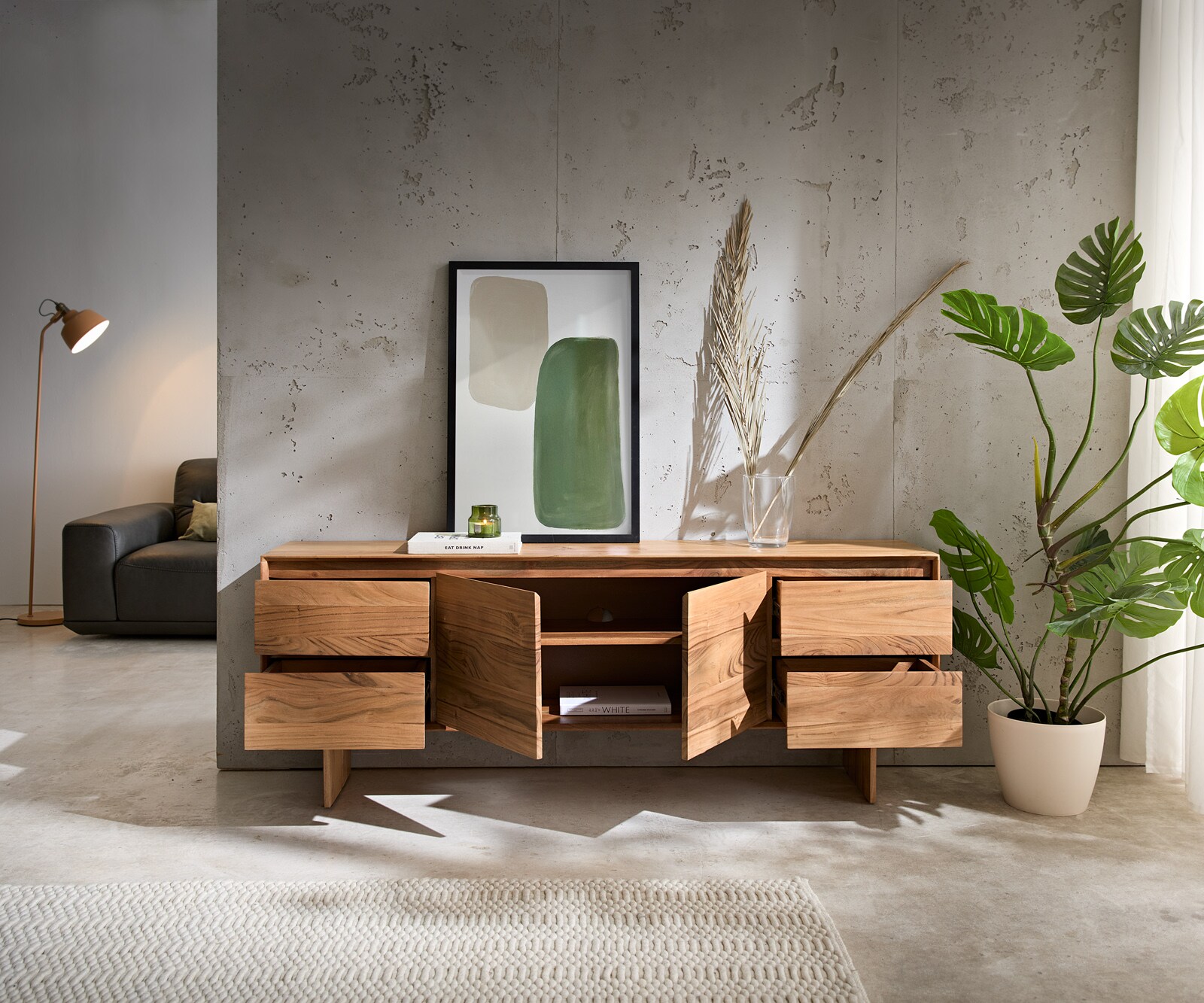TV-meubel Elandor acacia natuur 175 cm 2 deuren 4 lades houten pootjes 3