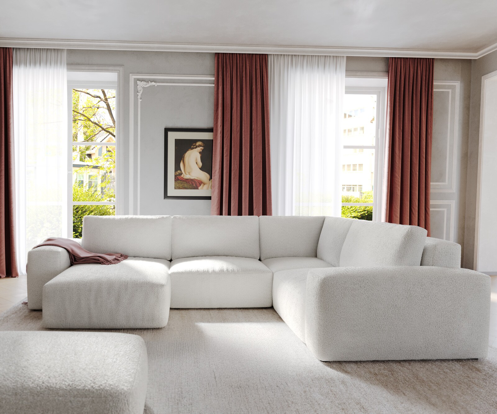 Woonlandschap Lanzo 300x210 cm bouclé crème-wit met variabele recamière en hocker 1