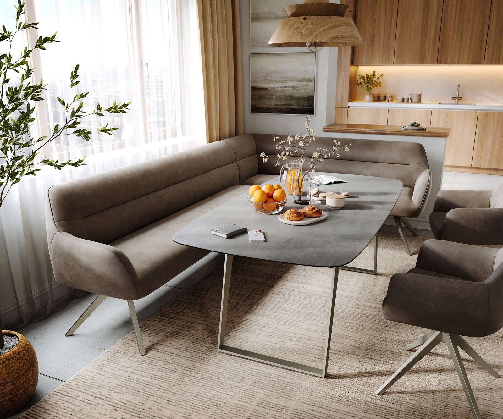 Eetkamerbank Taya-Flex 285x190 cm microvelours taupe vintage hoekig kruisframe afwerking met titaniumeffect pocketvering rechts 1