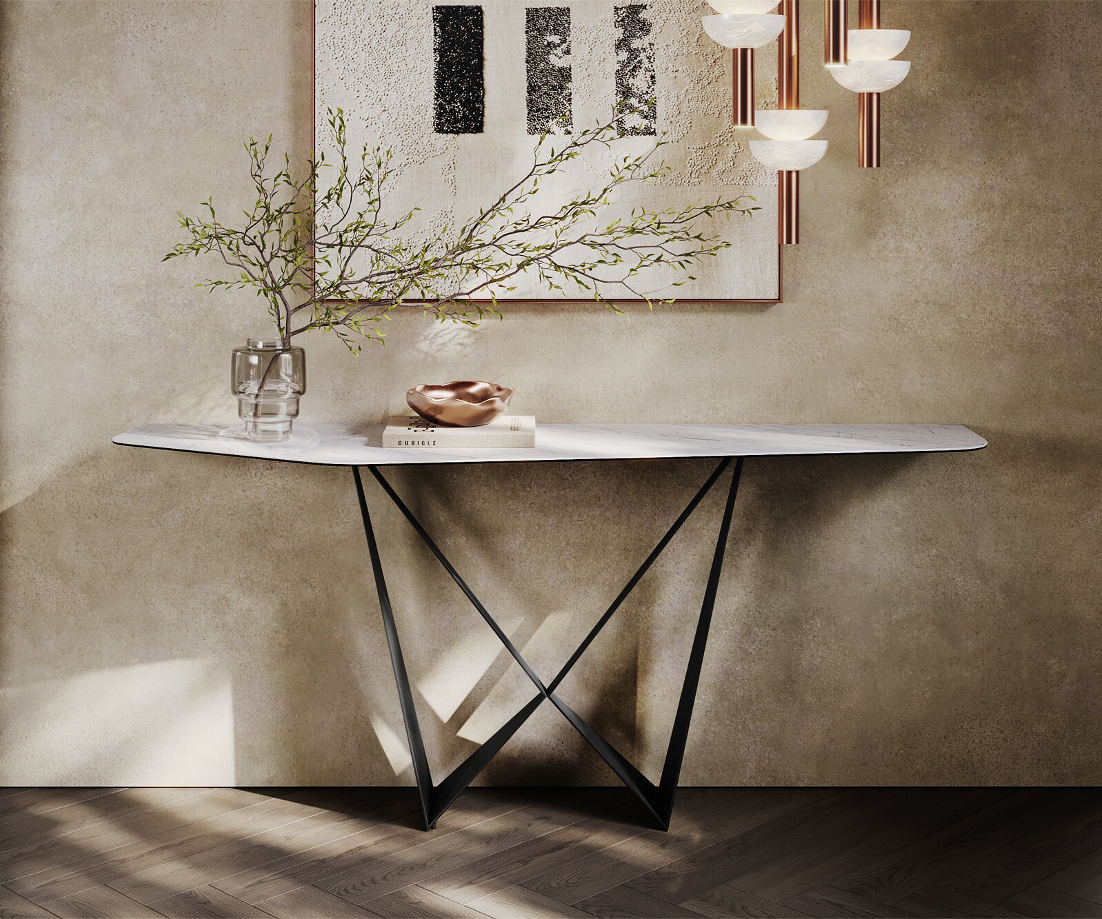 Consoletafel Edge Polygonaal 180x50 cm Keramiek Laminam® Statuarietto Weiß Spios Metaal Zwart 1