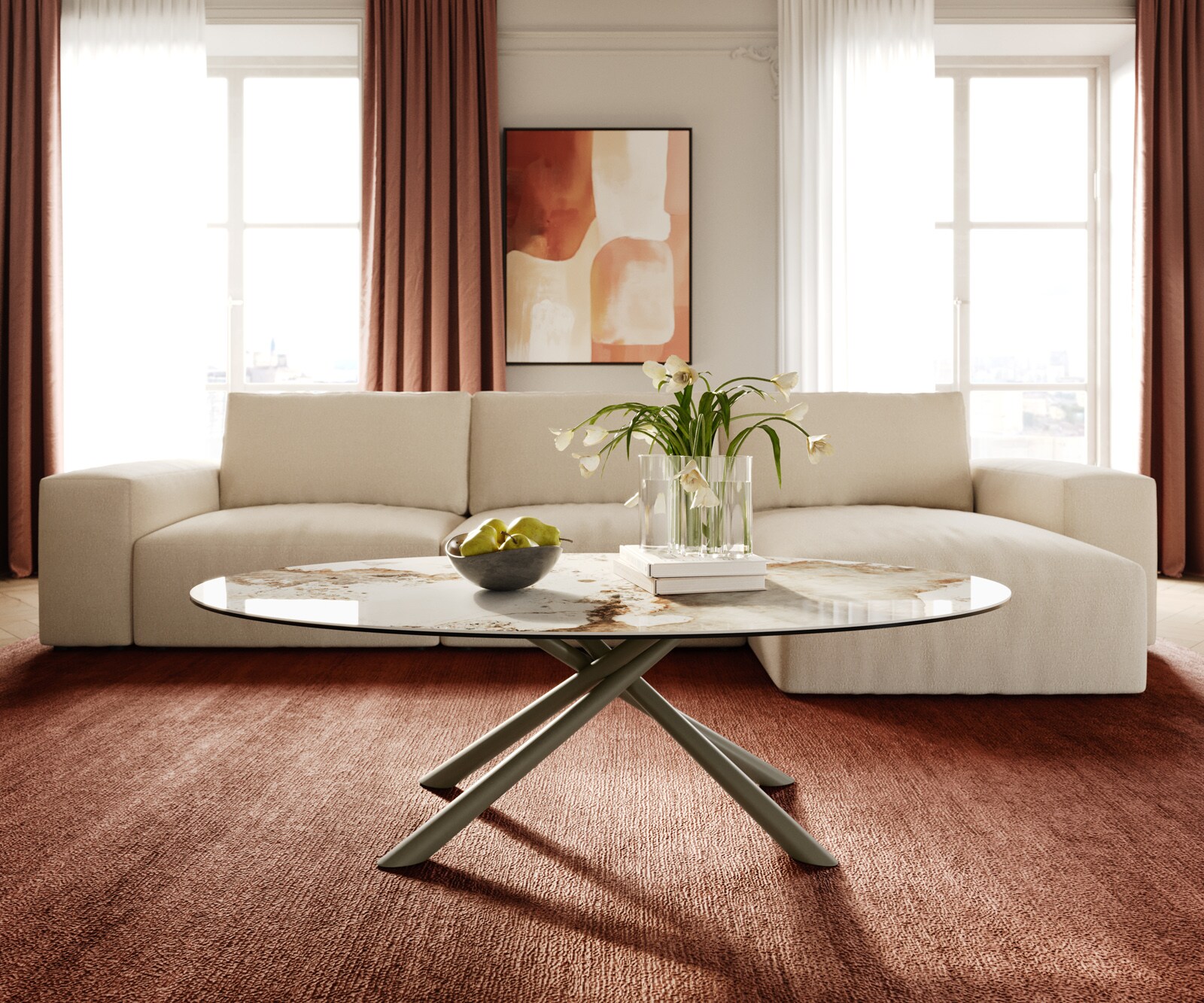 Salontafel Edge Oval 140x80 cm keramiek Minas Melange Sarity Metall effectafwerking titaan 1
