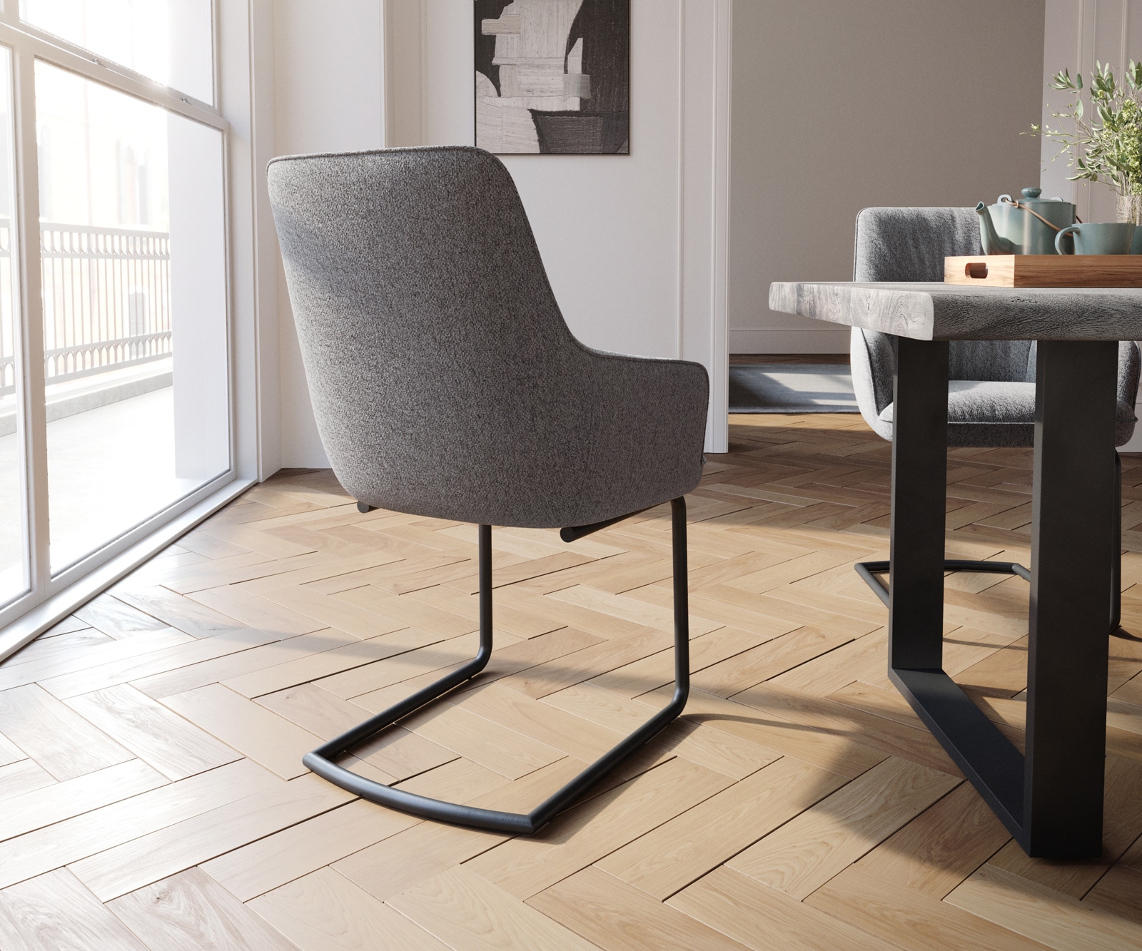 Sledemodel Zelia-Flex met armleuning structuurstof lichtgrijs sledemodel rond zwart pocketveer kern 4 Sledemodel Zelia-Flex met armleuning structuurstof lichtgrijs sledemodel rond zwart pocketveer kern 4