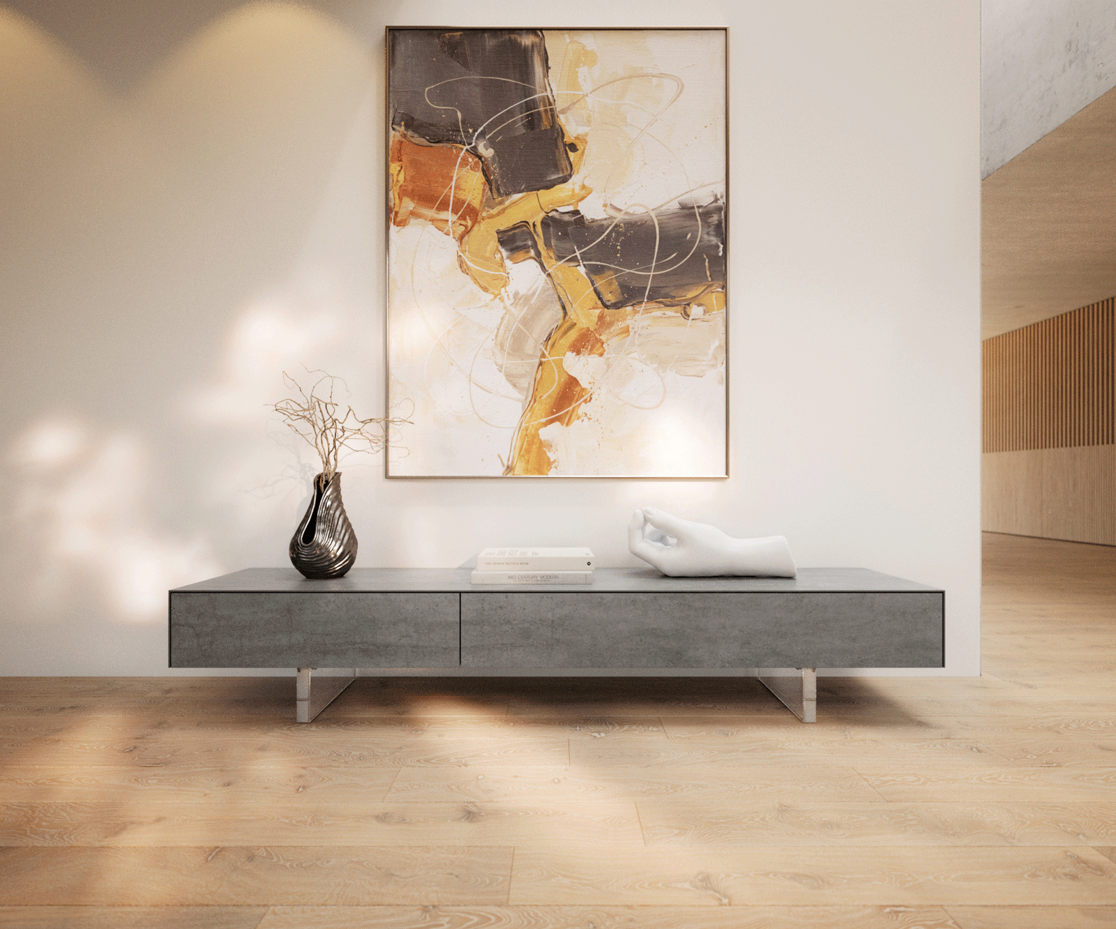 Tv-meubel Cuor 200 cm Keramiek Beton Grijs 1 Flap 1 Laden Zwevende voet look Acrylglas 2